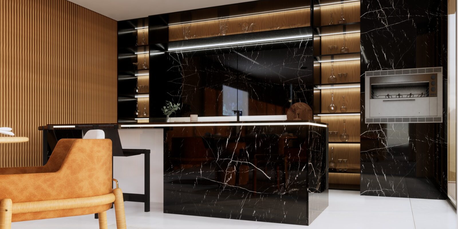 Dramatic kitchen island with a thick stone profile and sharp white veins against black cabinets.