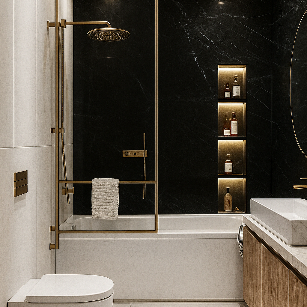Luxury master bathroom featuring full-height wall cladding in a high-contrast black and white stone.