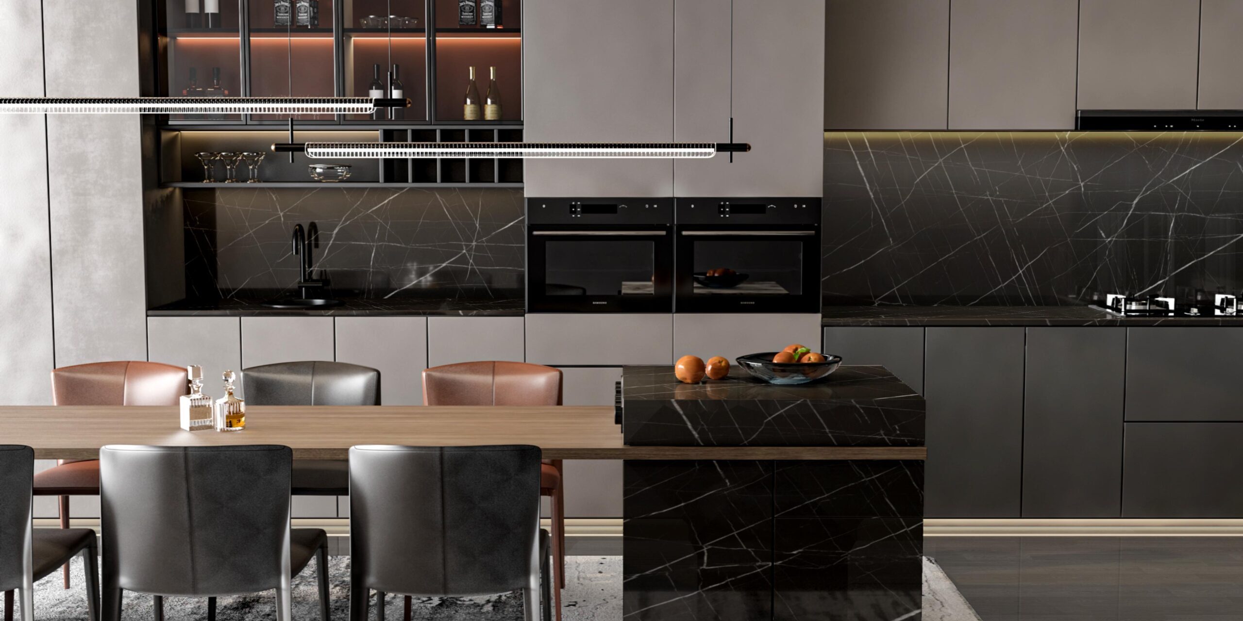 Modern kitchen featuring Venom Quartzite countertops and a matching full-height backsplash.