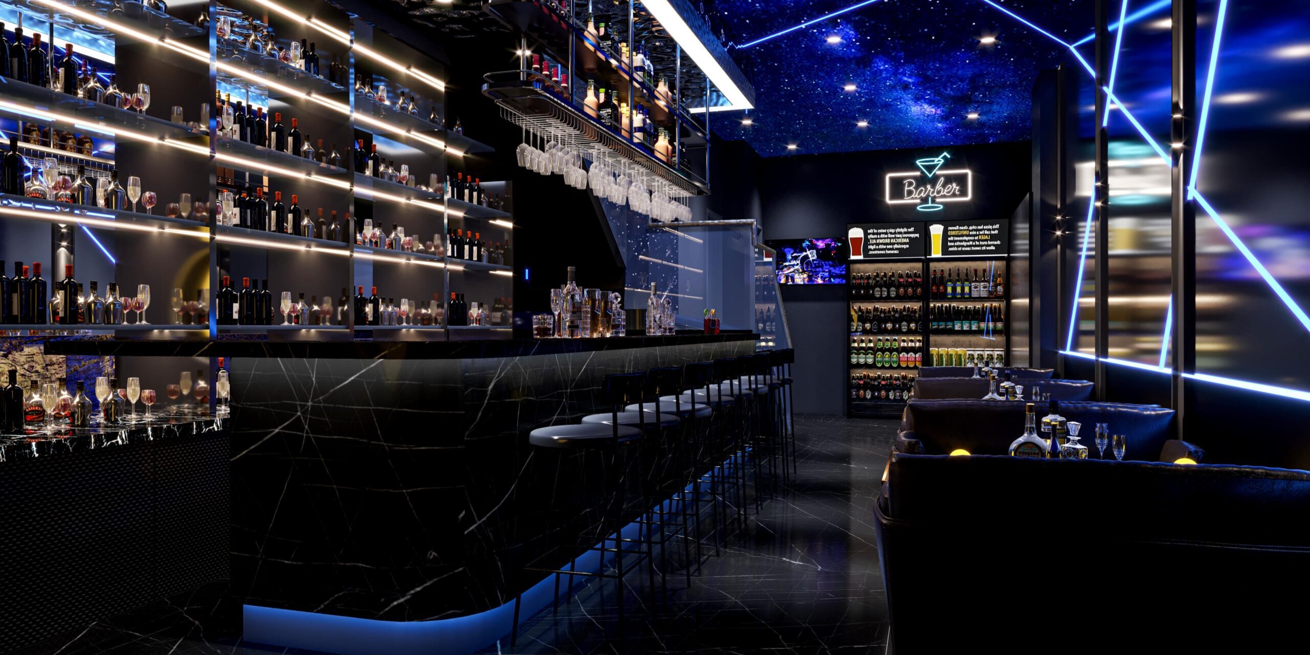 Sophisticated home bar with a waterfall countertop made of high-contrast black stone.