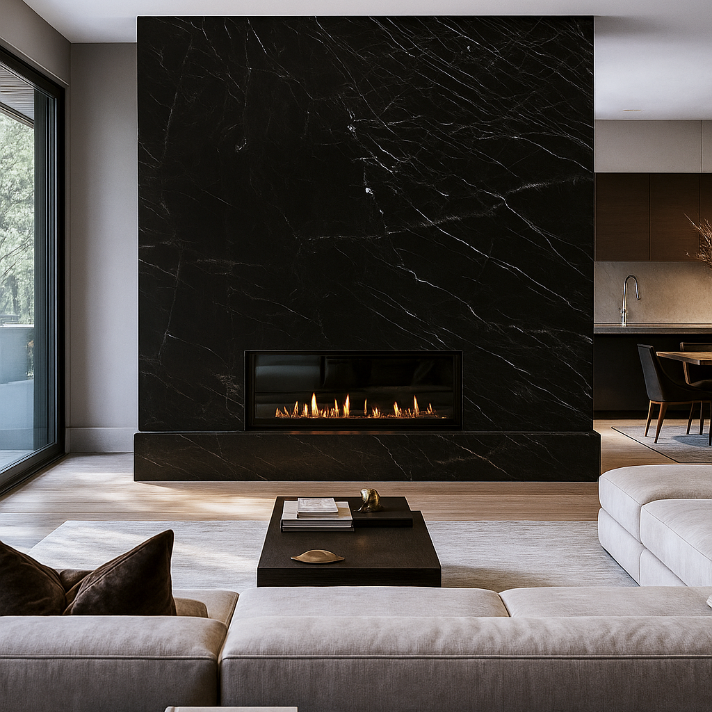 Large-scale living room feature wall in a modern apartment using a dramatic black natural stone.