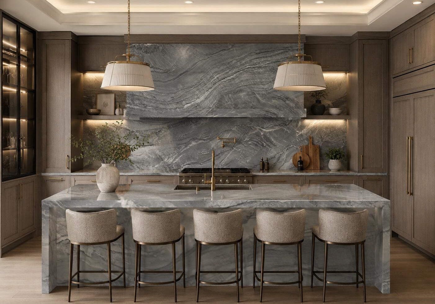 A modern luxury kitchen featuring textured blue quartzite countertops.
