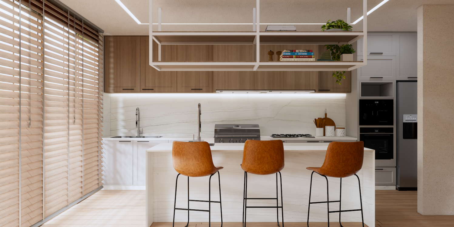 Bright contemporary kitchen with white stone surfaces.