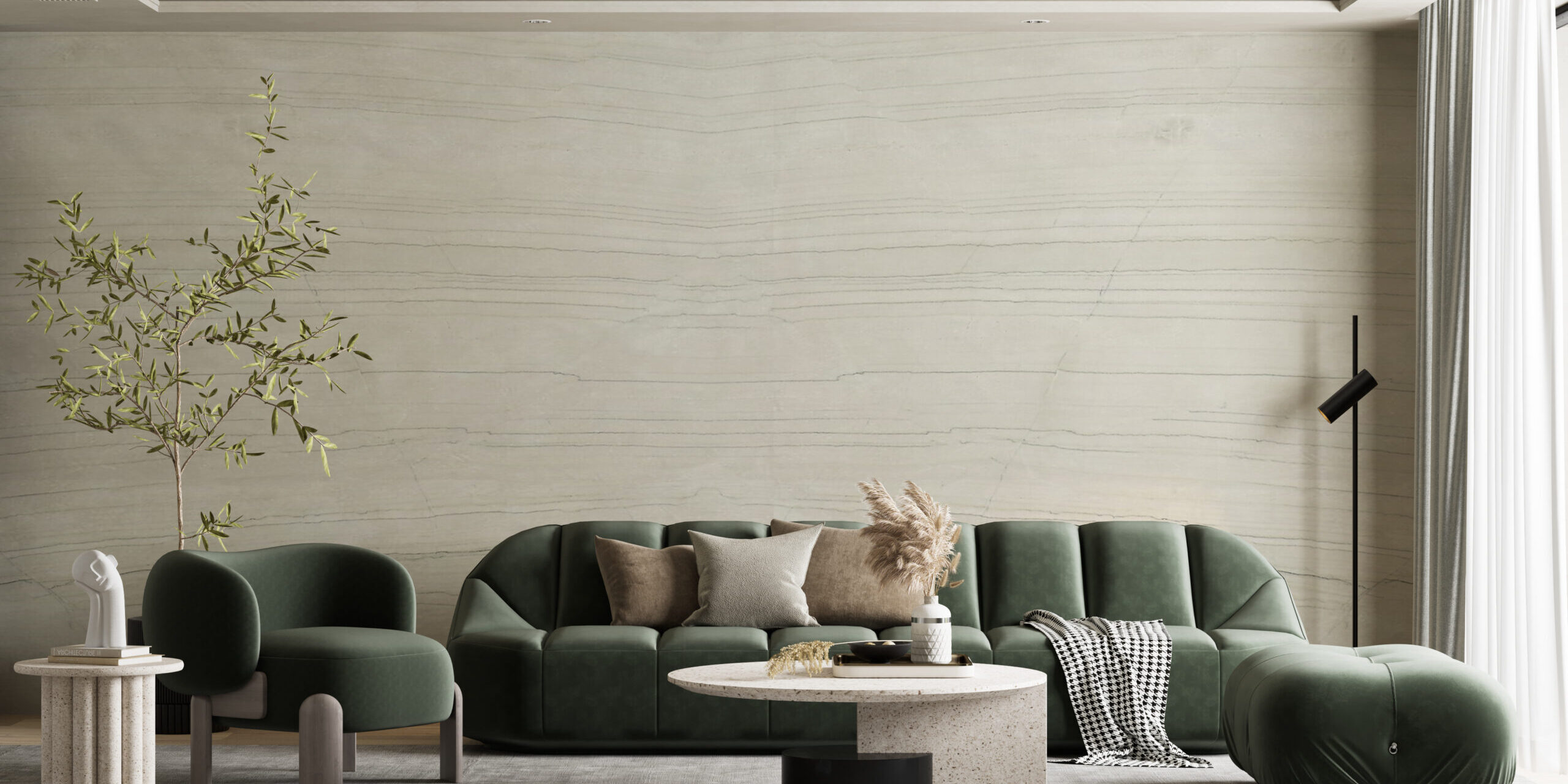 Minimalist living room featuring a stunning book-matched quartzite wall cladding as a focal point.