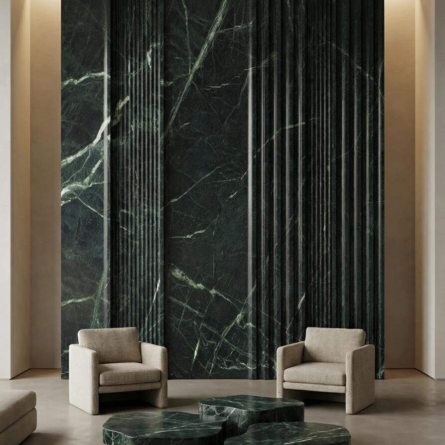 A floor-to-ceiling feature wall in a modern living room using a dark green natural stone to create a focal point.
