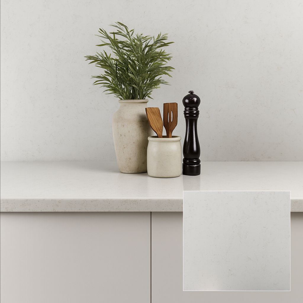 Modern kitchen featuring Carrara Gold Quartz countertops paired with light cabinetry and natural lighting for a bright, luxurious feel.
