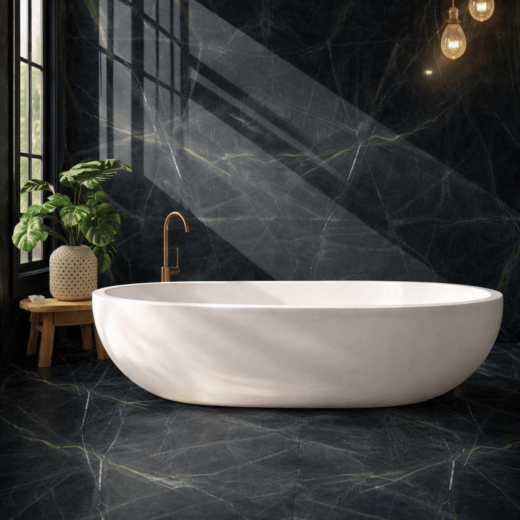 Sophisticated master bathroom featuring a dark stone and emerald-accented wall cladding.