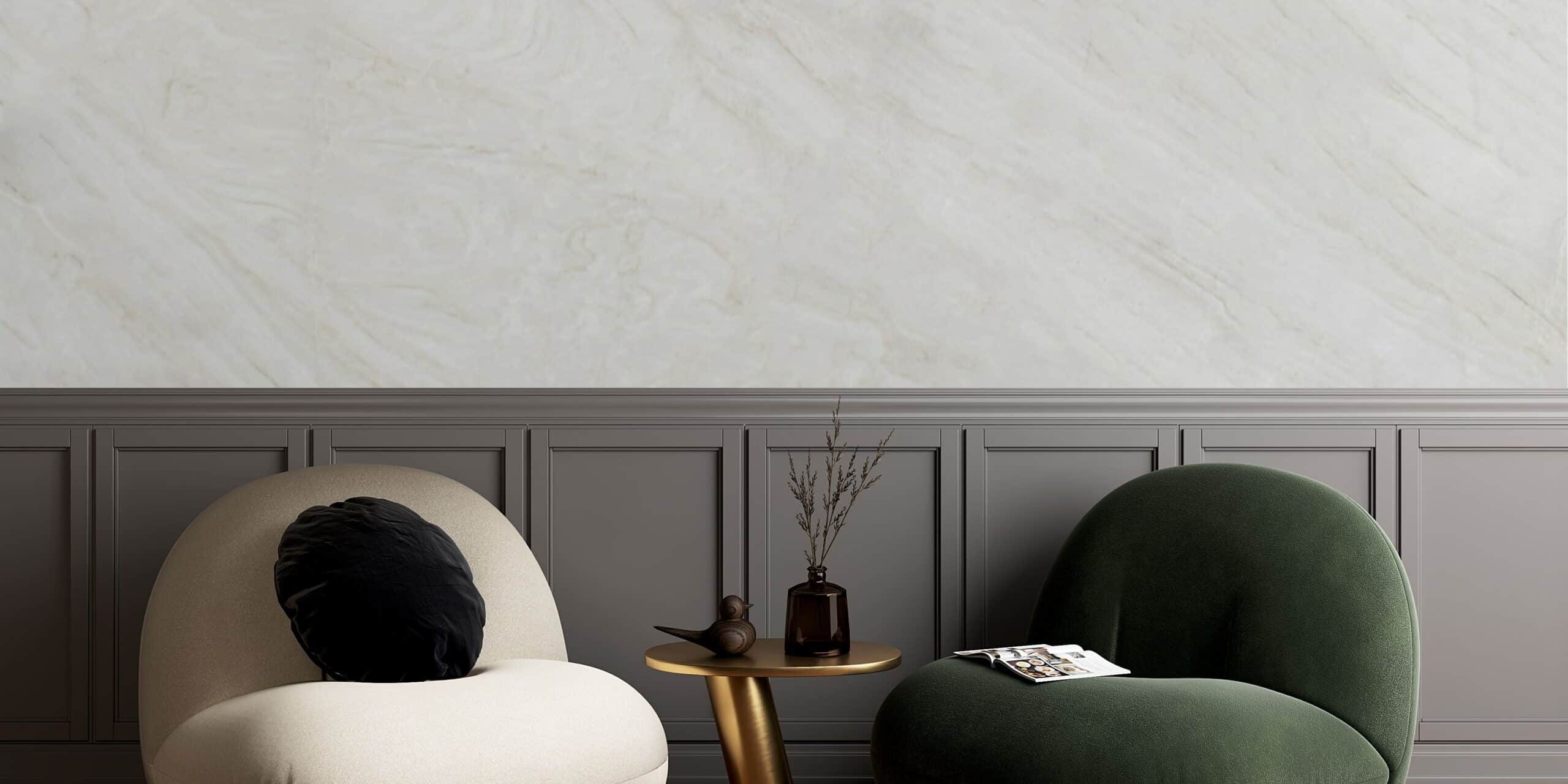 A high-end living room featuring a dramatic floor-to-ceiling accent wall panels crafted from book-matched white natural stone.