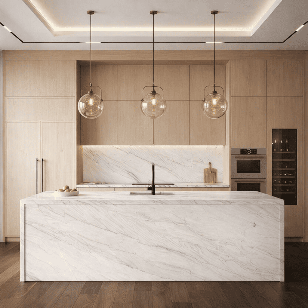 A modern open-concept kitchen featuring an expansive waterfall island and matching perimeter surfaces crafted from White Taj Quartzite.