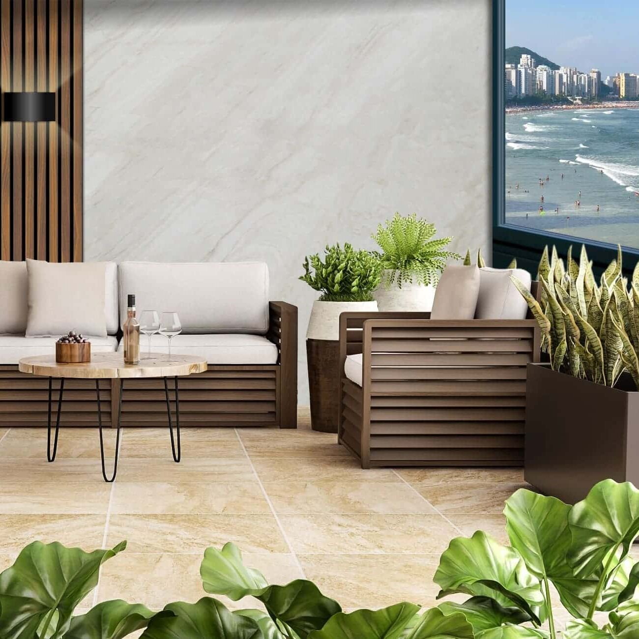 A luxury hotel lobby displaying a seamless vertical wall installation of a bright, warm-toned quartzite with soft linear movement.