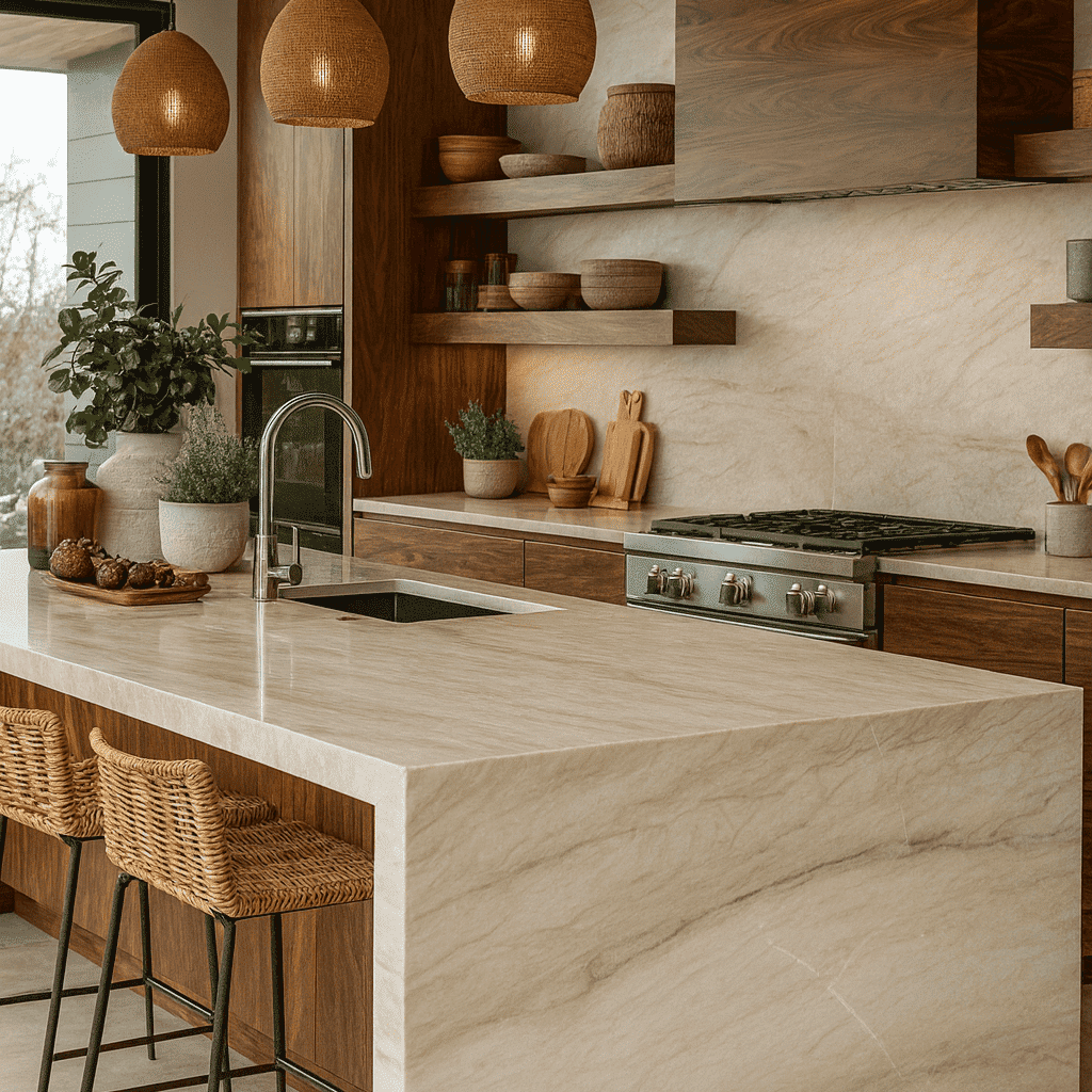 An upscale kitchen layout featuring durable quartzite countertops and a seamless, full-height matching slab backsplash.